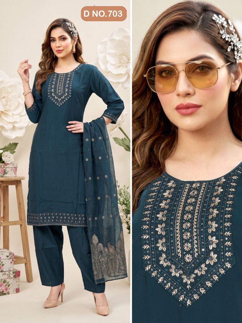 Swara D No 101 To 08 Roman Silk Sequence Worked Kurti Set