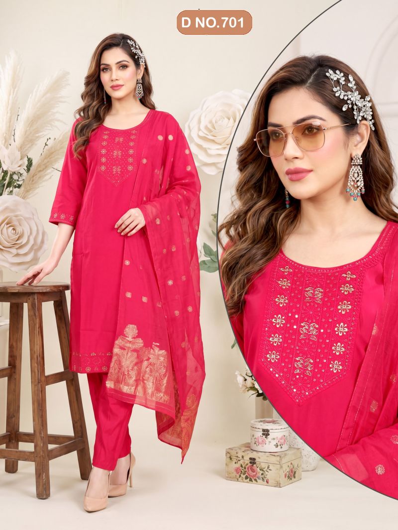 Swara D No 101 To 08 Roman Silk Sequence Worked Kurti Set