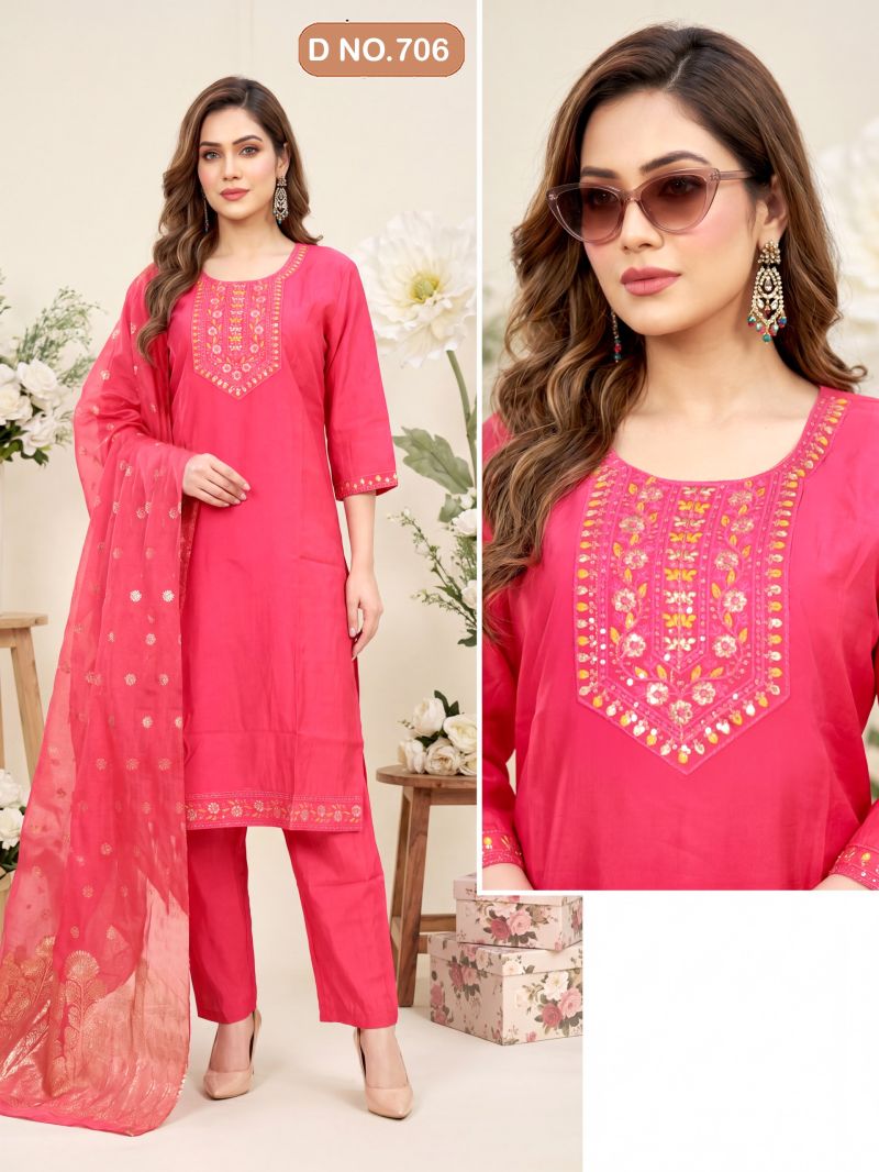 Swara D No 101 To 08 Roman Silk Sequence Worked Kurti Set