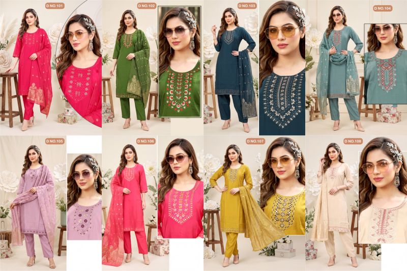 Swara D No 101 To 08 Roman Silk Sequence Worked Kurti Set
