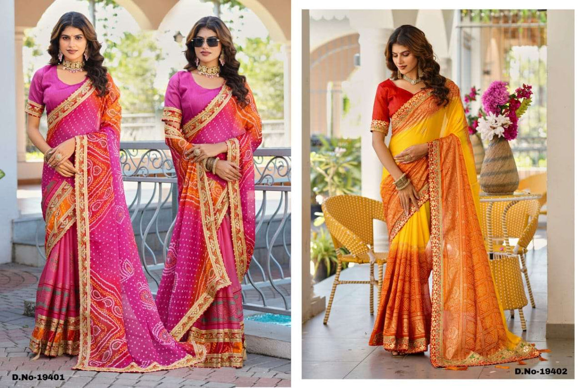 Two women wearing colorful sarees in an outdoor setting. | SWARNA 19401 TO 19405 SERIES PURE CHIFFON EMBROIDERY SAREES