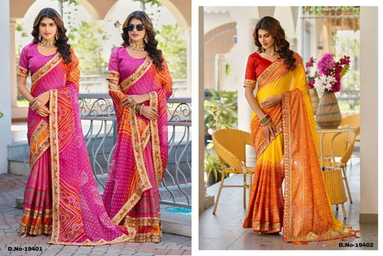 Two women wearing colorful sarees in an outdoor setting. | SWARNA 19401 TO 19405 SERIES PURE CHIFFON EMBROIDERY SAREES