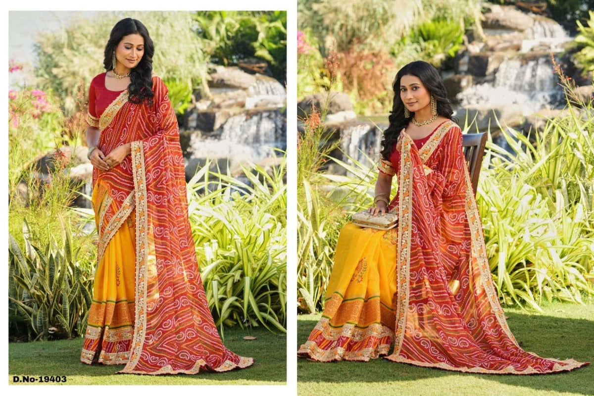 Woman in a yellow and red saree standing in a garden with water features. | SWARNA 19401 TO 19405 SERIES PURE CHIFFON EMBROIDERY SAREES