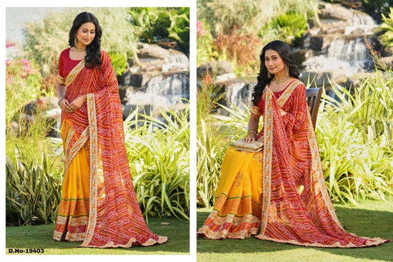 Woman in a yellow and red saree standing in a garden with water features. | SWARNA 19401 TO 19405 SERIES PURE CHIFFON EMBROIDERY SAREES