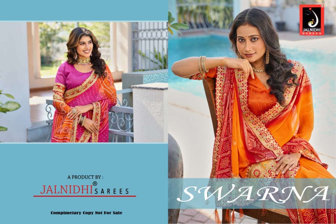 Woman in a colorful saree with 'Jalnidi Sarees' branding | SWARNA 19401 TO 19405 SERIES PURE CHIFFON EMBROIDERY SAREES