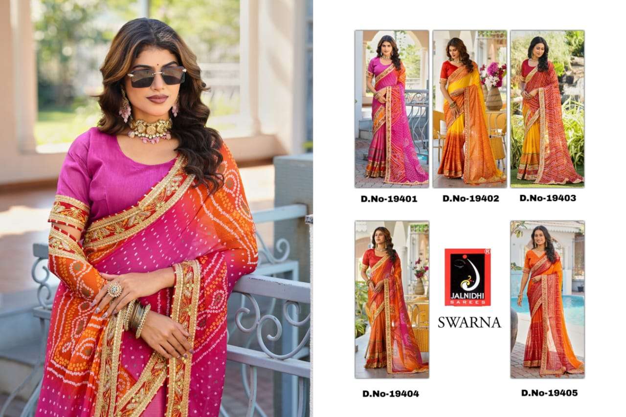 Woman wearing a colorful saree with a brand logo in the corner | SWARNA 19401 TO 19405 SERIES PURE CHIFFON EMBROIDERY SAREES