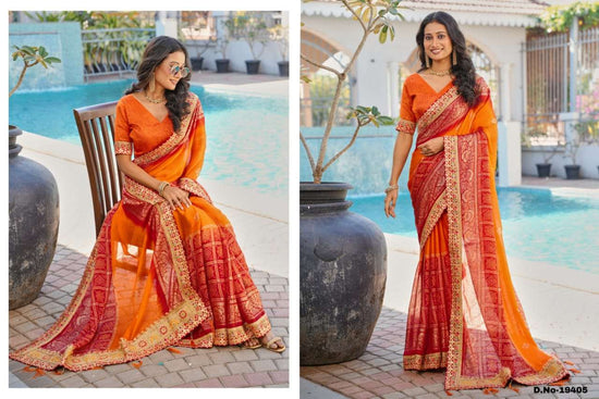 Woman in an orange saree sitting by a poolside with decorative pots and plants. | SWARNA 19401 TO 19405 SERIES PURE CHIFFON EMBROIDERY SAREES