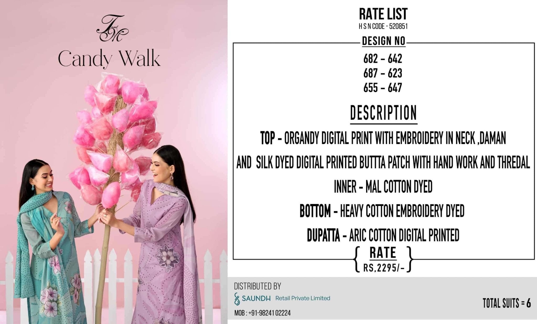 T And M Designer Candy Walk Premium Organdy Dress Material - Amrah Wholesale