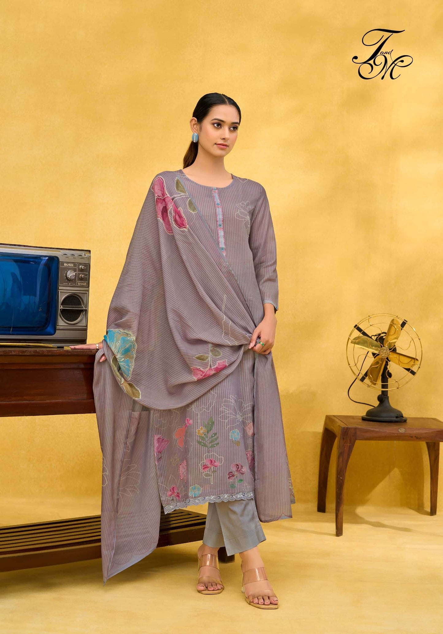 T And M Designer Rangeen Retro Chanderi Dress Material - Amrah Wholesale