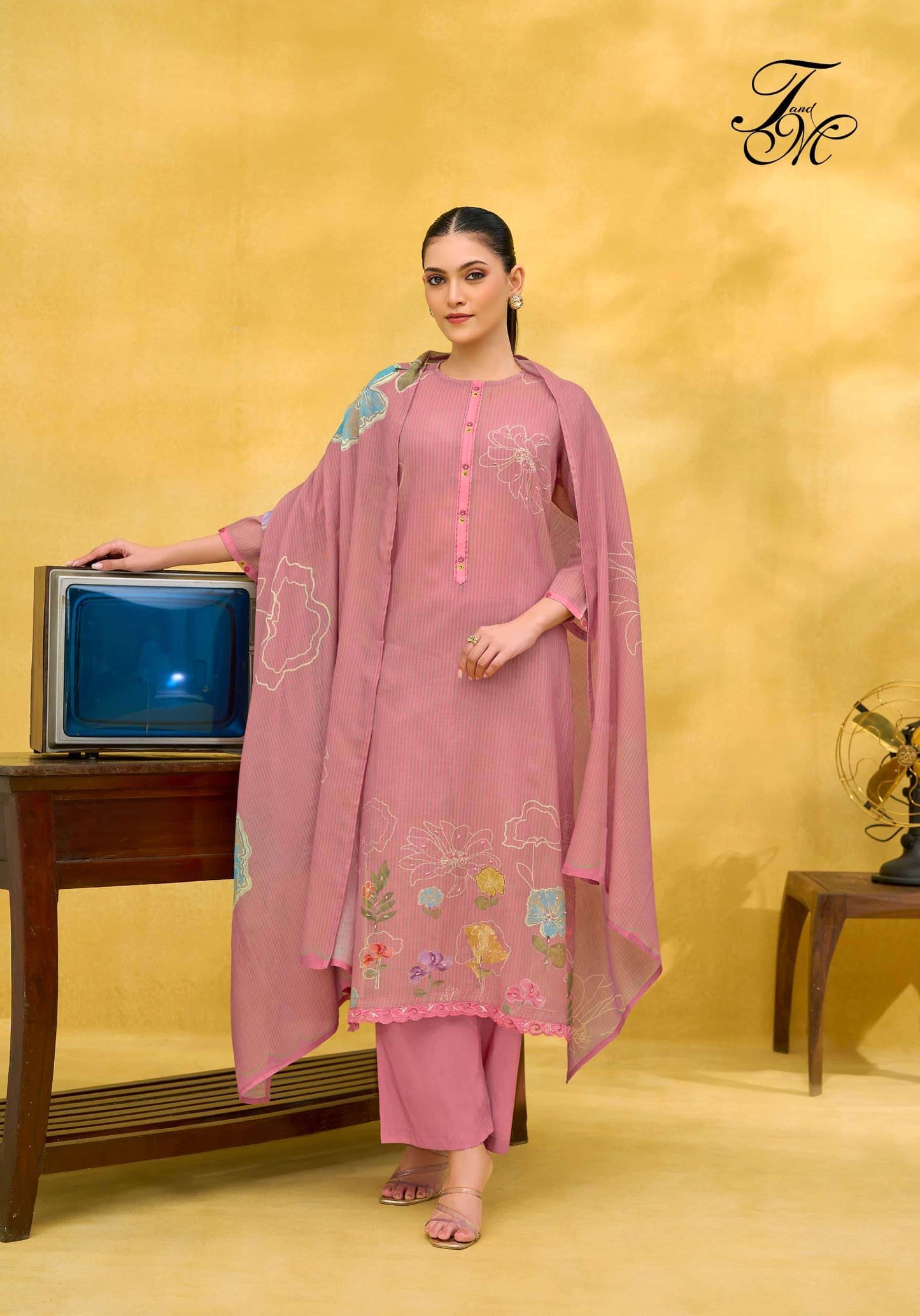 T And M Designer Rangeen Retro Chanderi Dress Material - Amrah Wholesale
