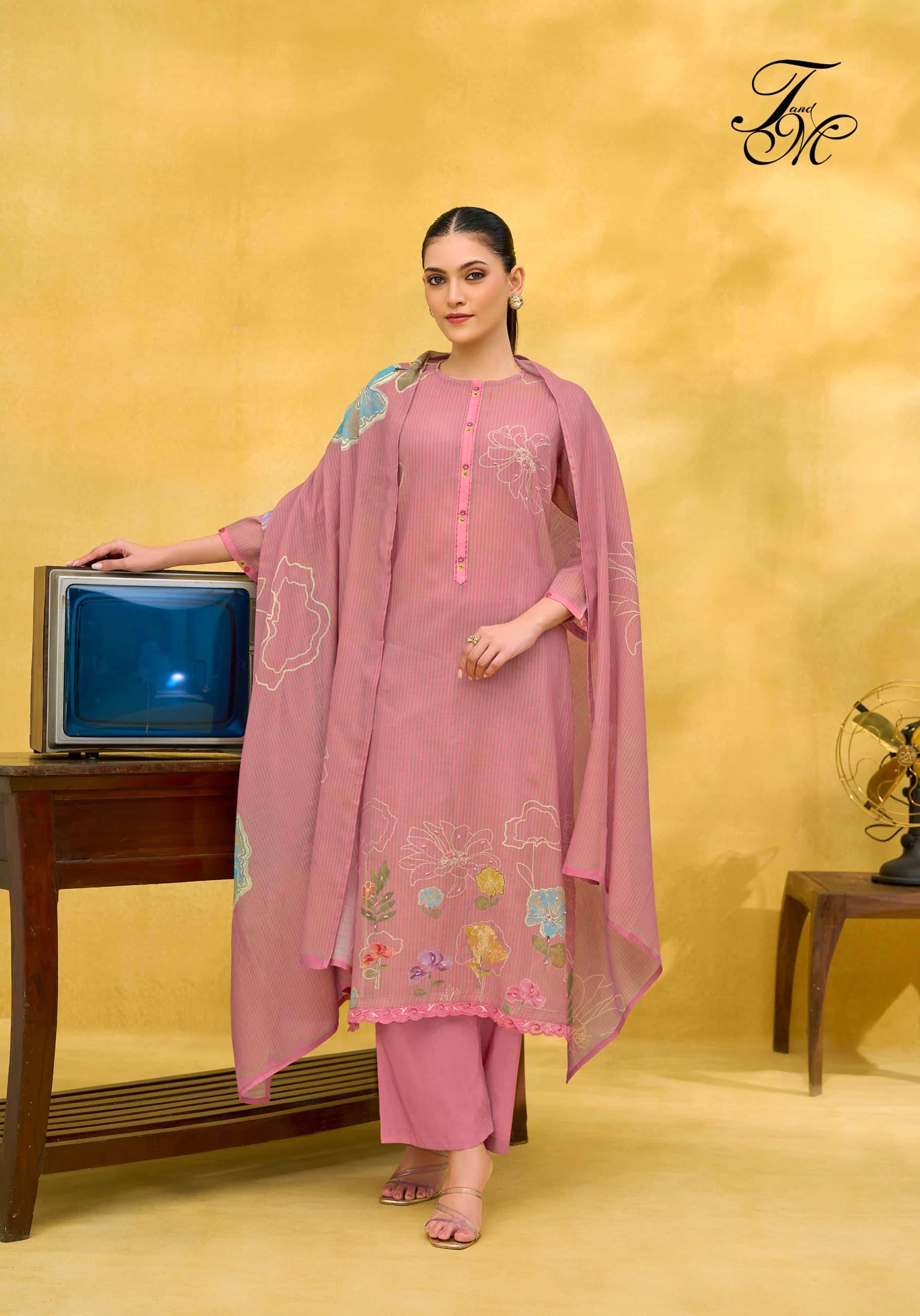 T And M Designer Rangeen Retro Chanderi Dress Material - Amrah Wholesale