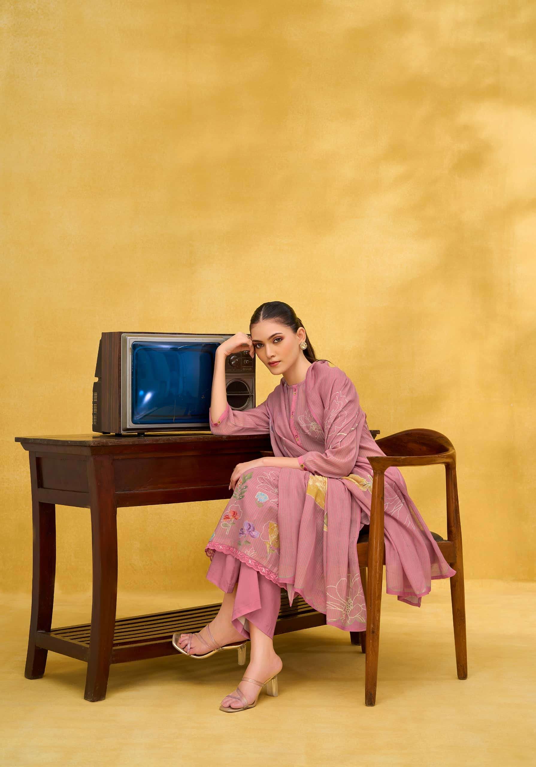 T And M Designer Rangeen Retro Chanderi Dress Material - Amrah Wholesale
