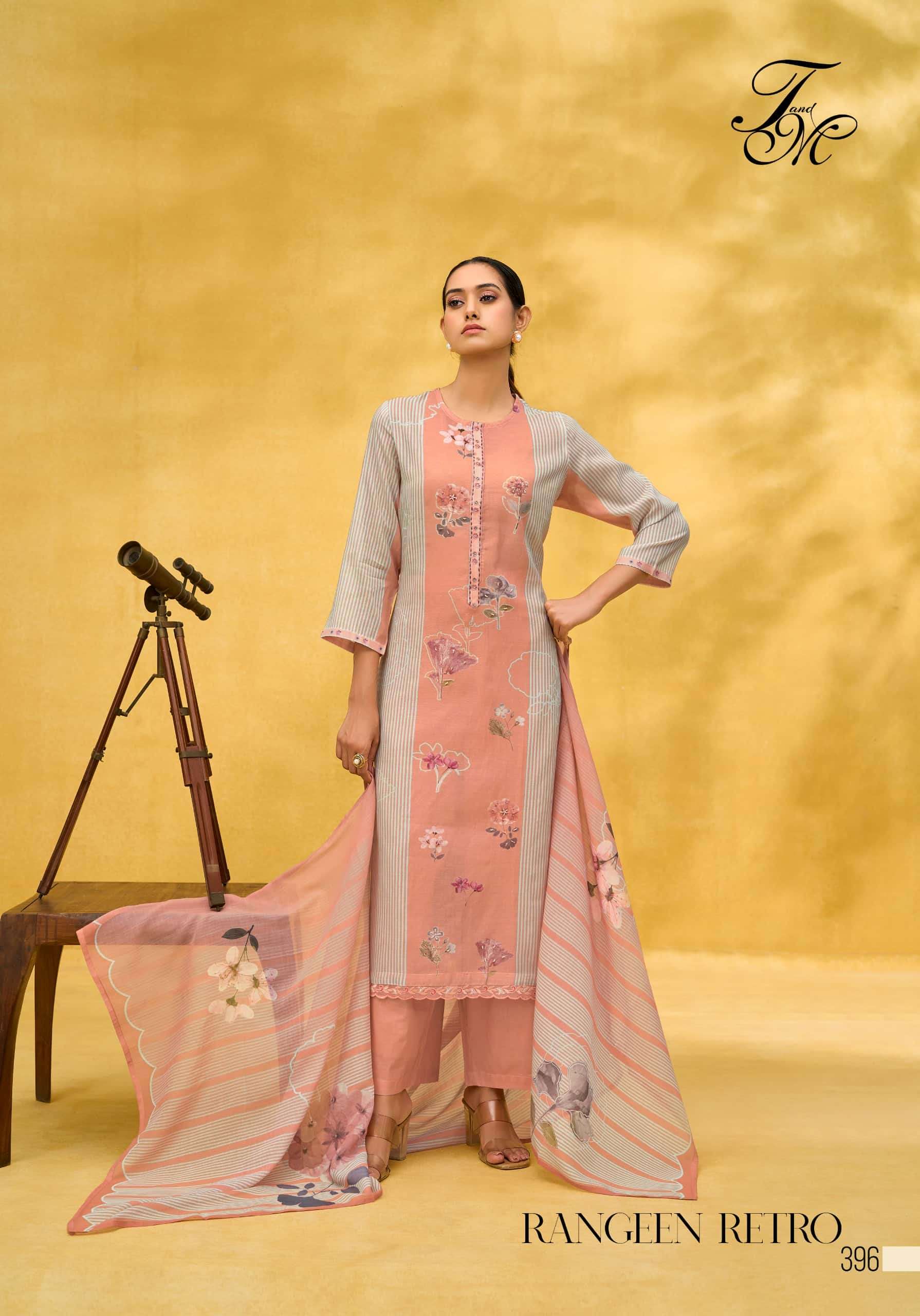 T And M Designer Rangeen Retro Chanderi Dress Material - Amrah Wholesale