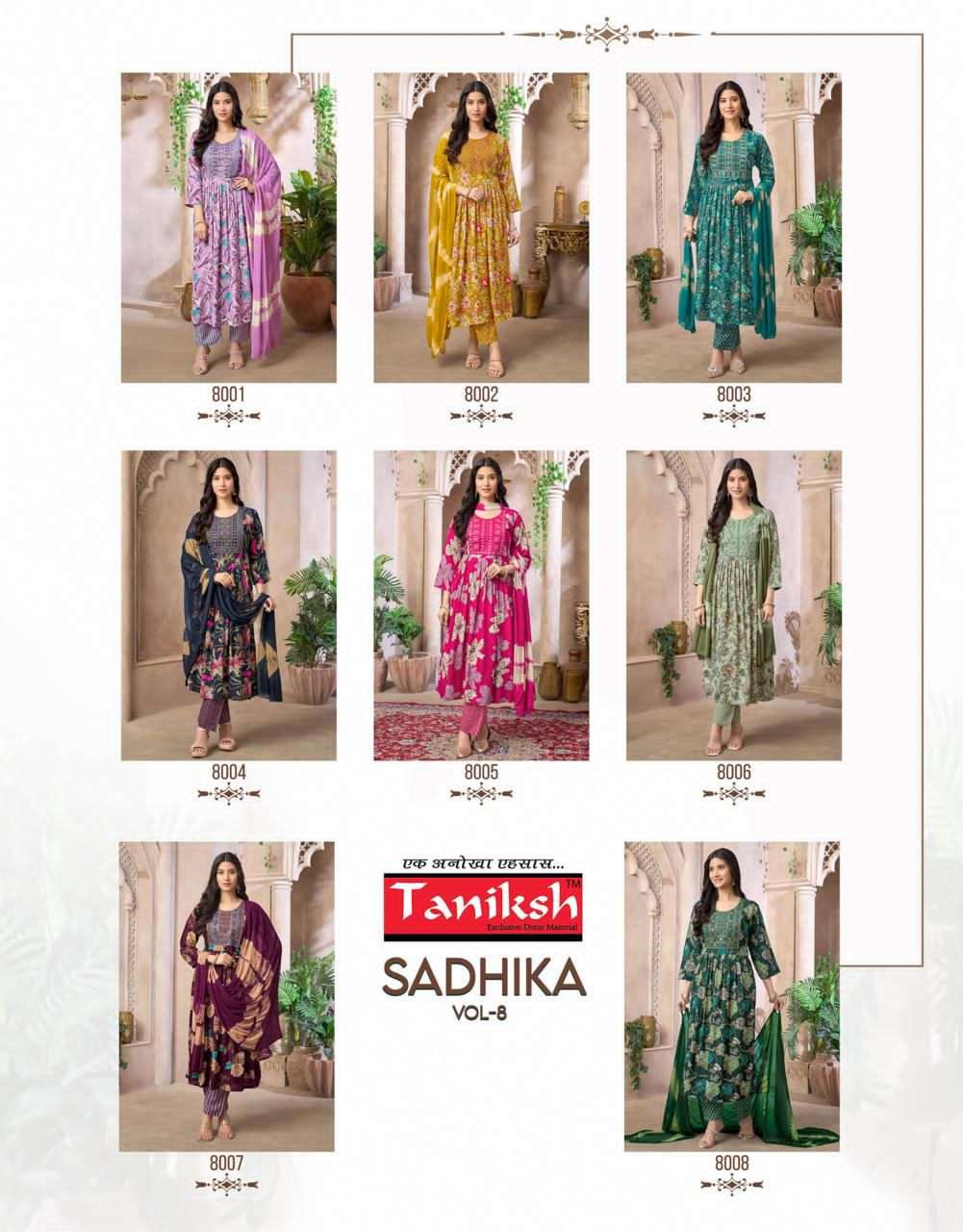 Taniksh Sadhika Vol 8 Rayon Embroidered Kurti Pant Dupatta Set - Amrah Wholesale