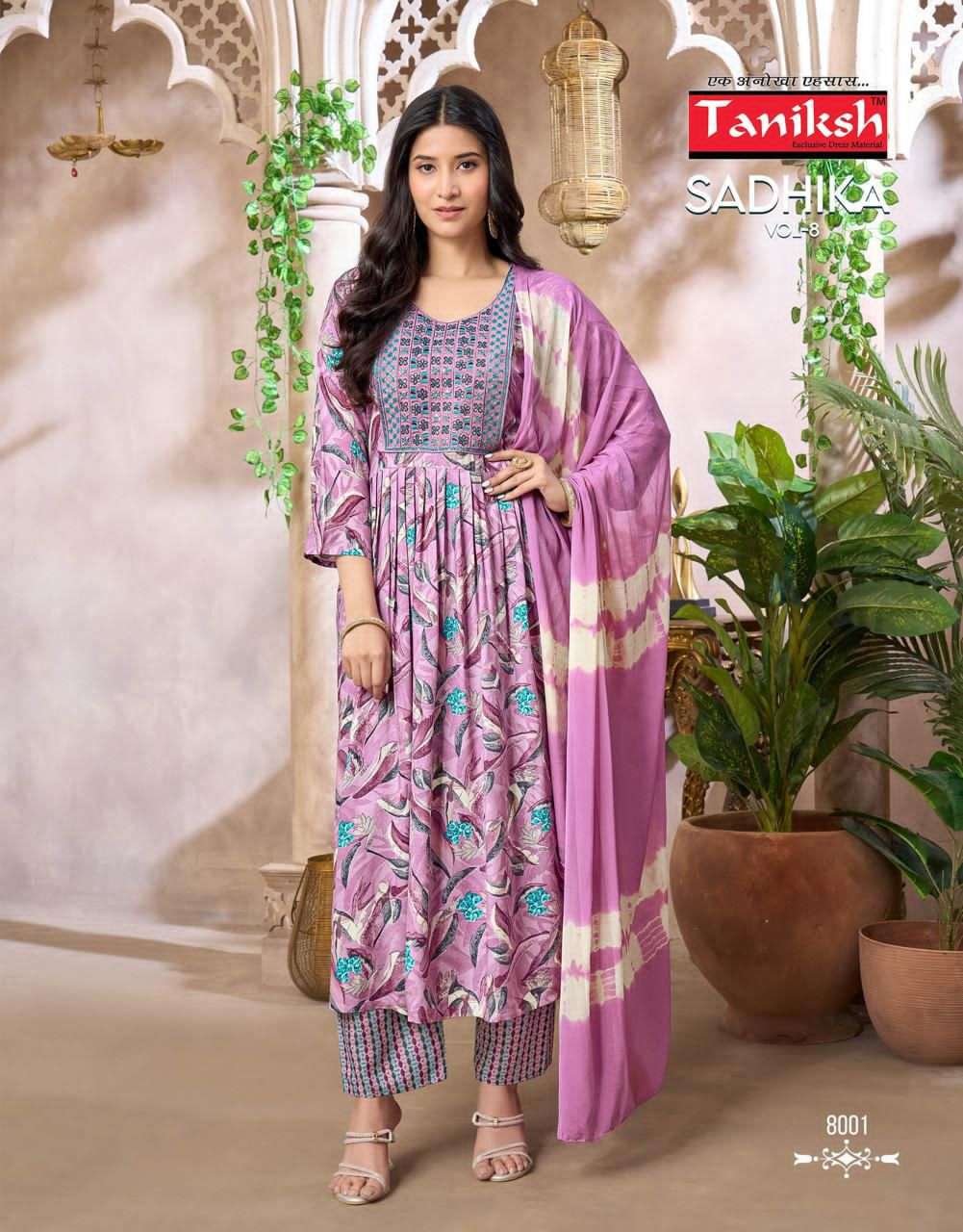 Taniksh Sadhika Vol 8 Rayon Embroidered Kurti Pant Dupatta Set - Amrah Wholesale