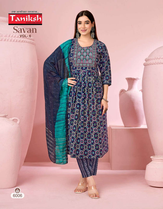 Taniksh Savan Vol 6 Poly Viscose Foil Print Kurti Pant Dupatta Set