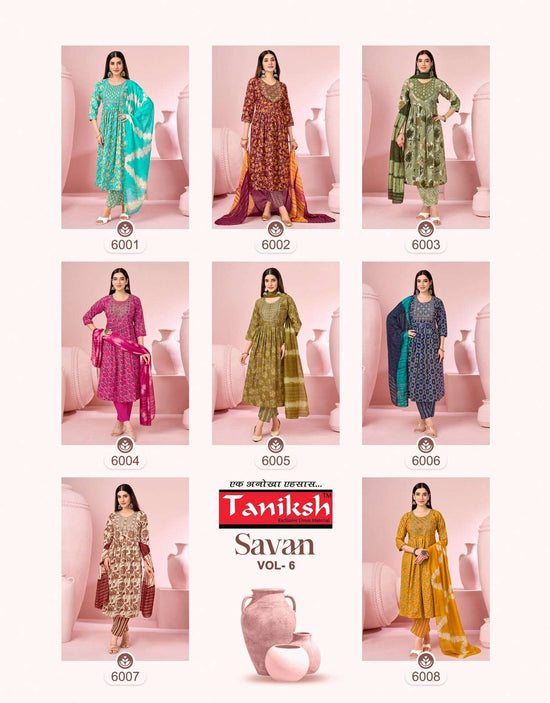 Taniksh Savan Vol 6 Poly Viscose Foil Print Kurti Pant Dupatta Set