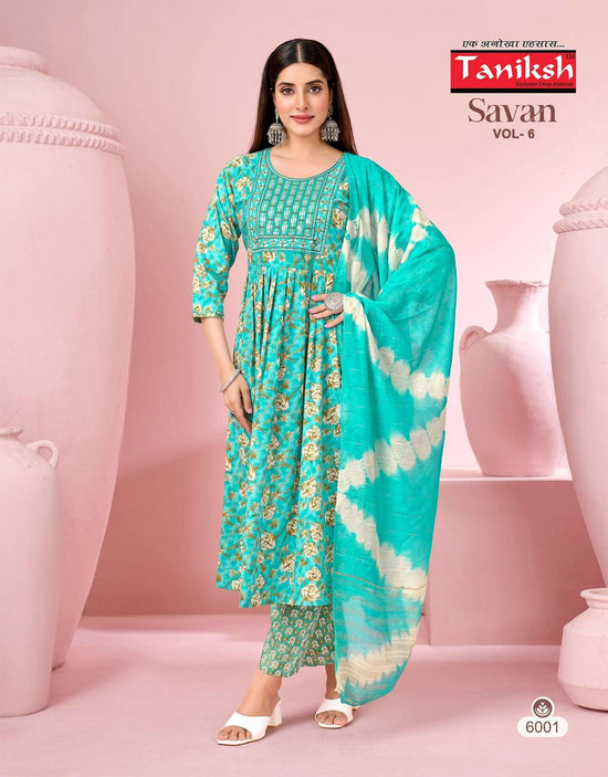 Taniksh Savan Vol 6 Poly Viscose Foil Print Kurti Pant Dupatta Set
