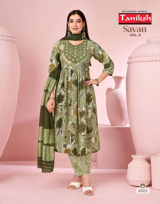 Taniksh Savan Vol 6 Poly Viscose Foil Print Kurti Pant Dupatta Set