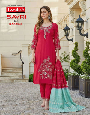Taniksh Savri Vol 1 Roman Embroidered Kurti Pant Dupatta Set - Amrah Wholesale