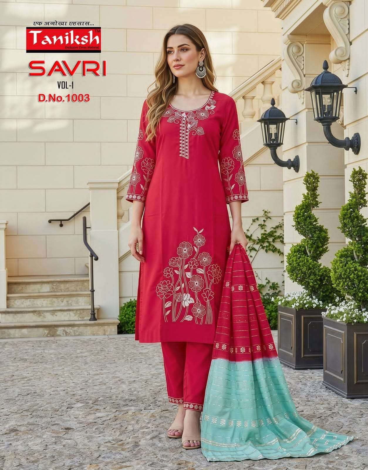 Taniksh Savri Vol 1 Roman Embroidered Kurti Pant Dupatta Set
