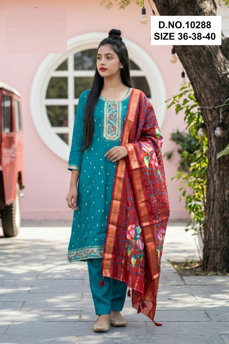 Amrah Wholesale Tanvikaa 10288 Roman Glass Embroidered Kurti Pant Dupatta Set