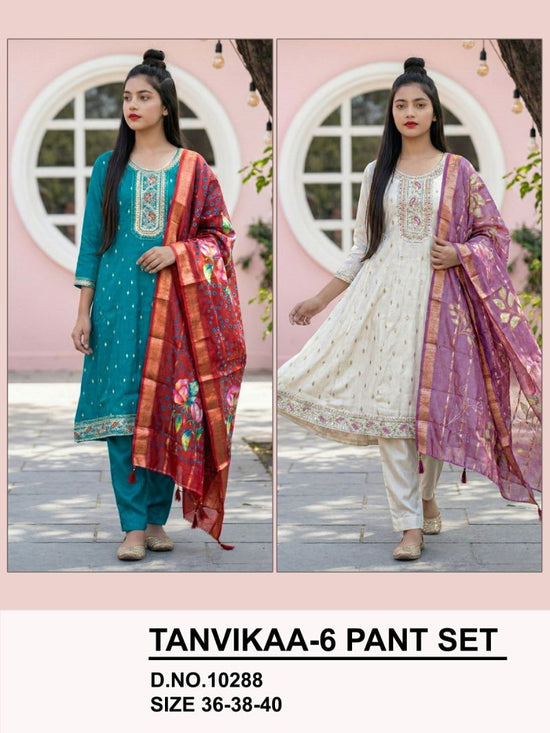 Amrah Wholesale Tanvikaa 10288 Roman Glass Embroidered Kurti Pant Dupatta Set