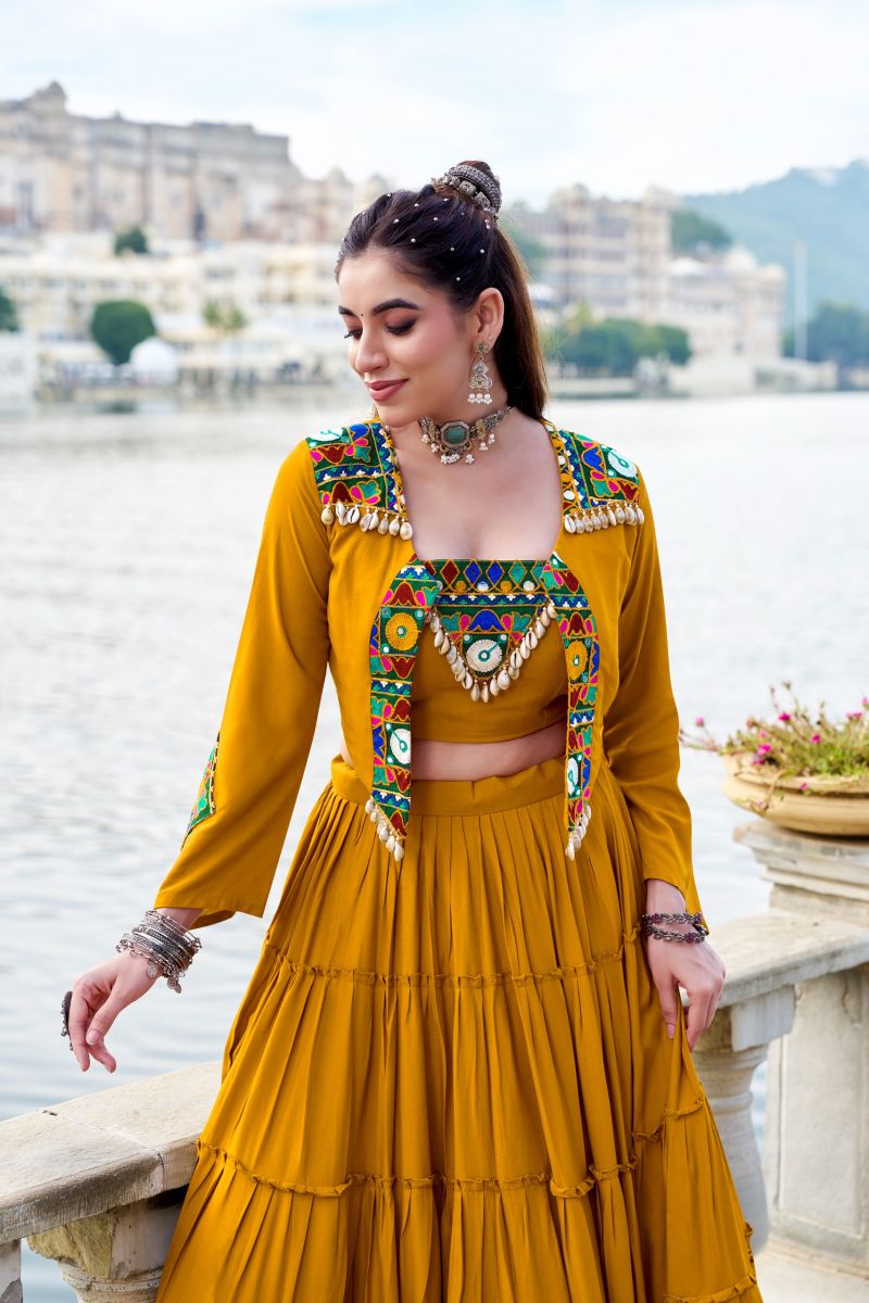 Taraa L 1662 Pure Rayon Traditional Gamthi Work Lehenga Choli with Koti - Amrah Wholesale
