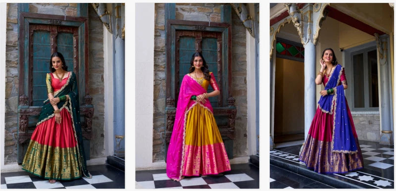 Three images of a woman in traditional Indian attire with sarees in different colors. | Taraa L 2023 Narayan Pattu Zari Worked Designer Lehenga Choli Collection