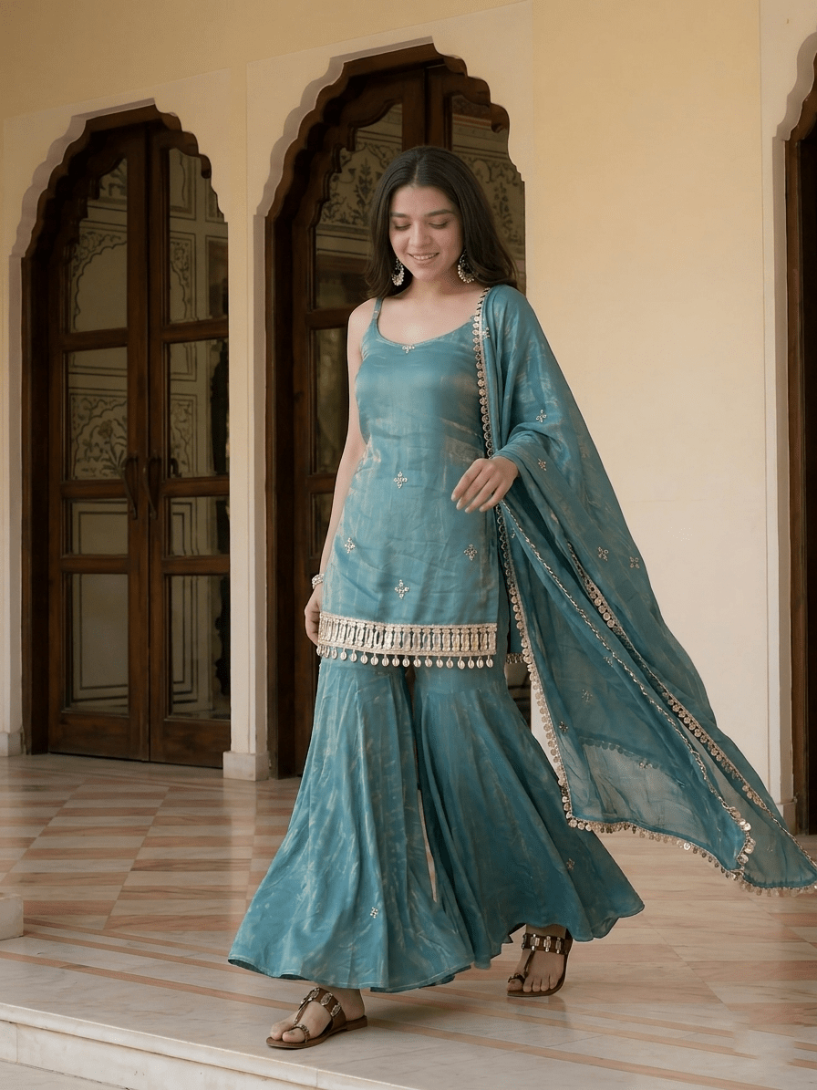 Tc 385 Fandy Mirror Work Kurti Pant Dupatta Set - Amrah Wholesale