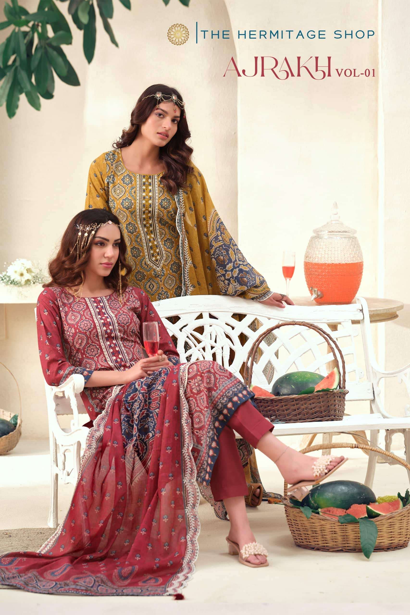 The Hermitage Ajrakh Vol 1 Lawn Cotton Dress Material