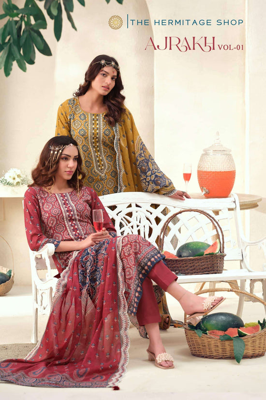 The Hermitage Ajrakh Vol 1 Lawn Cotton Dress Material