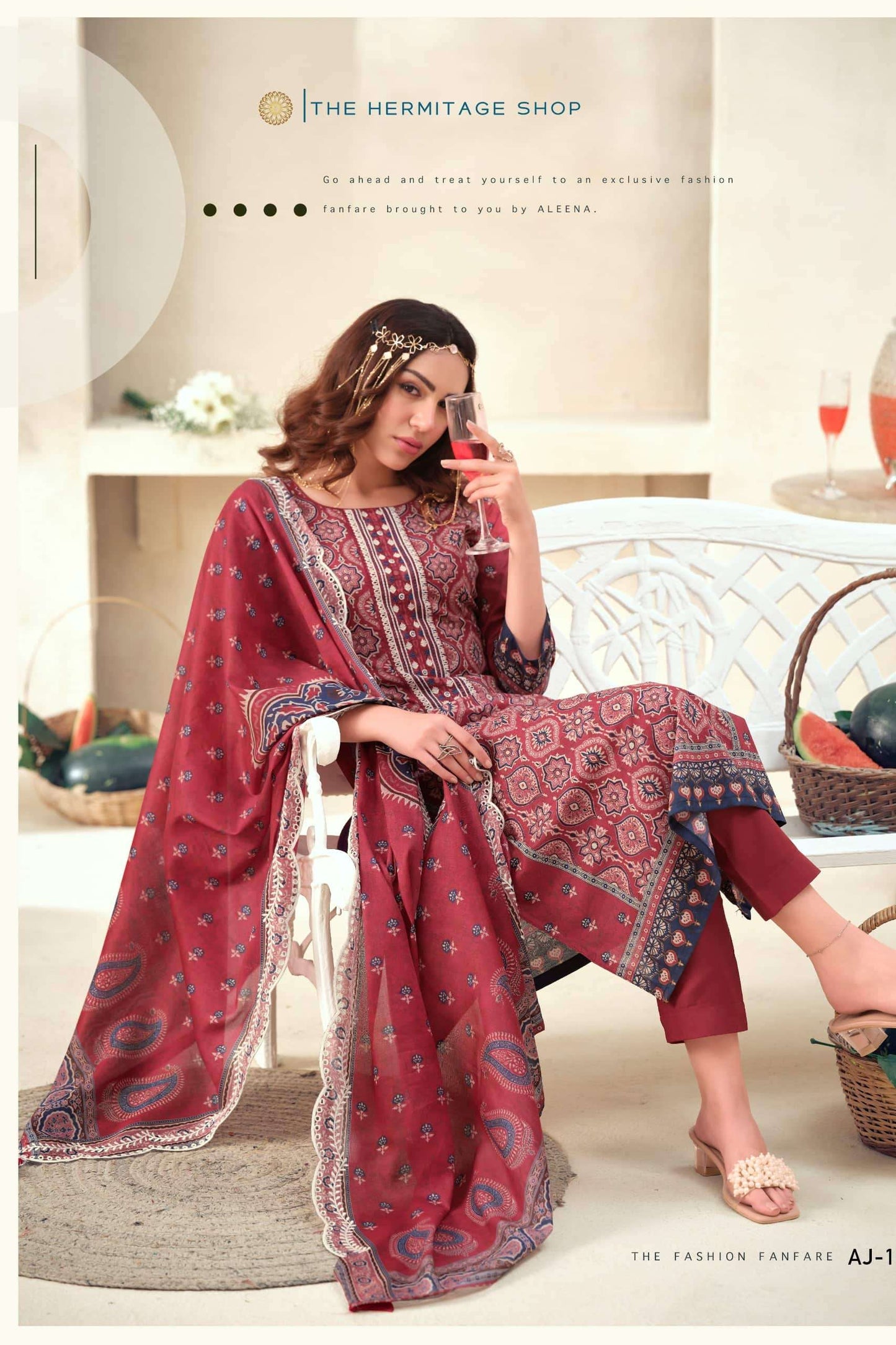 The Hermitage Ajrakh Vol 1 Lawn Cotton Dress Material