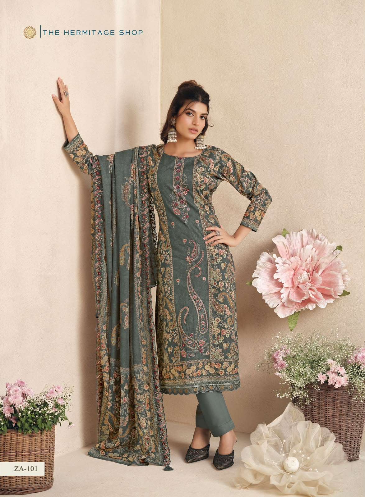 The Hermitage Shop Zaira Giza Silk Lawn Dress Material - Amrah Wholesale