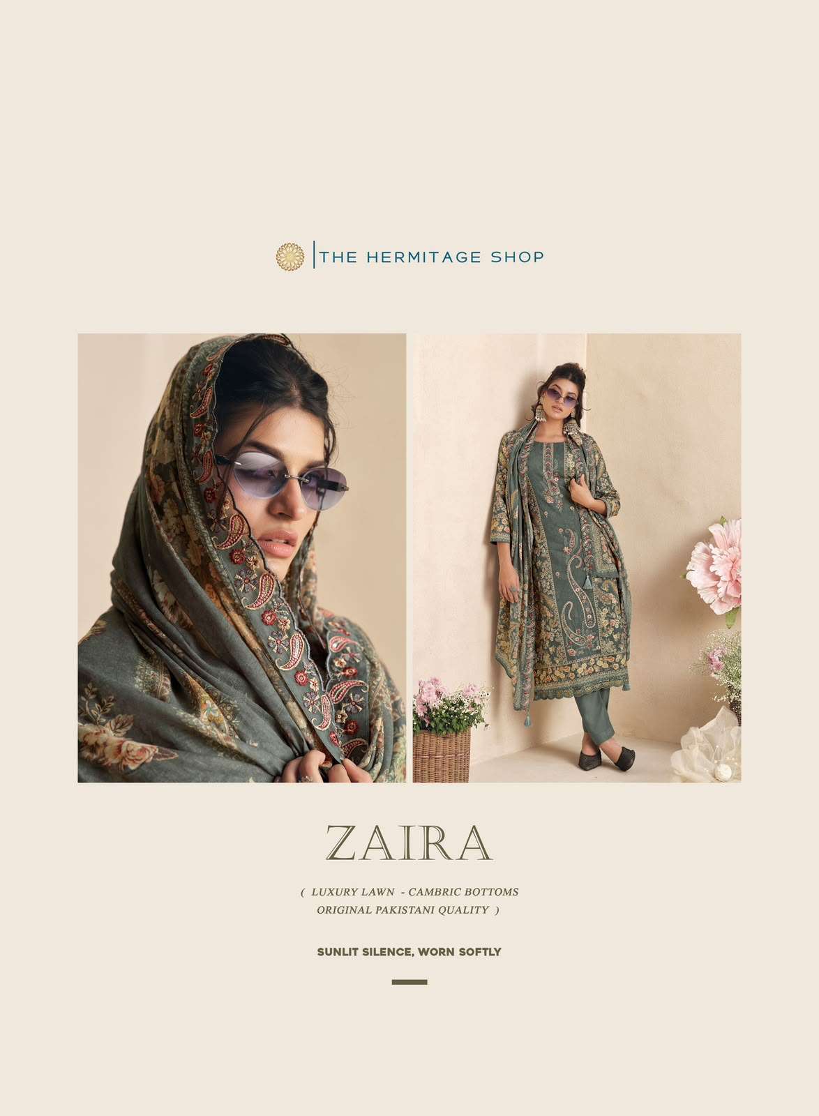 The Hermitage Shop Zaira Giza Silk Lawn Dress Material - Amrah Wholesale