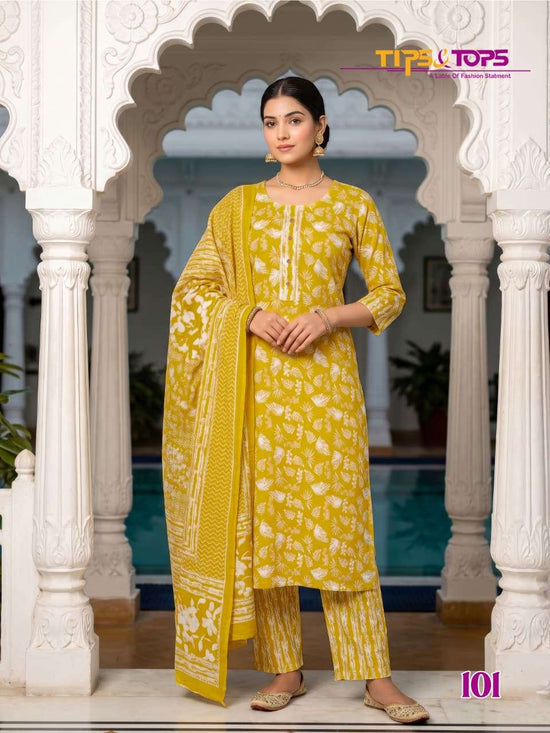 Tips & Tops Summer Fashion Vol 12 Cotton Kurti Pant Dupatta Set - Amrah Wholesale