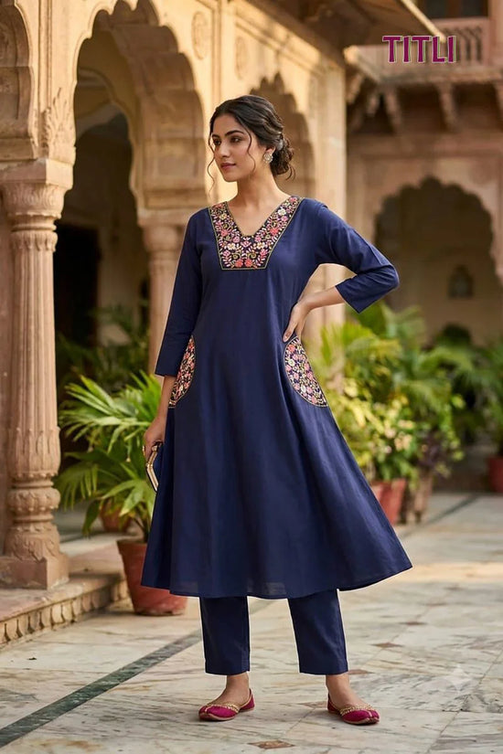 Titli 1 Dhabu Cotton Embroidered Kurti Pant Set