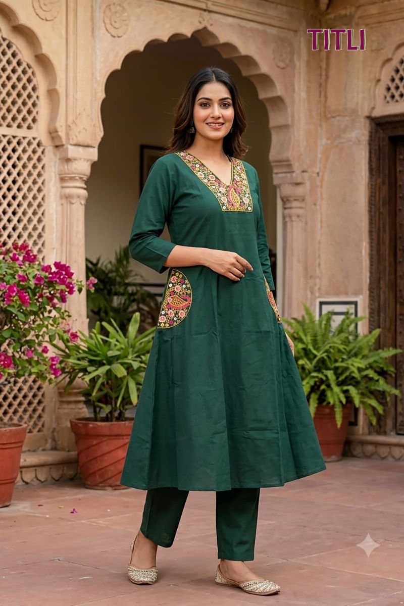Titli 1 Dhabu Cotton Embroidered Kurti Pant Set