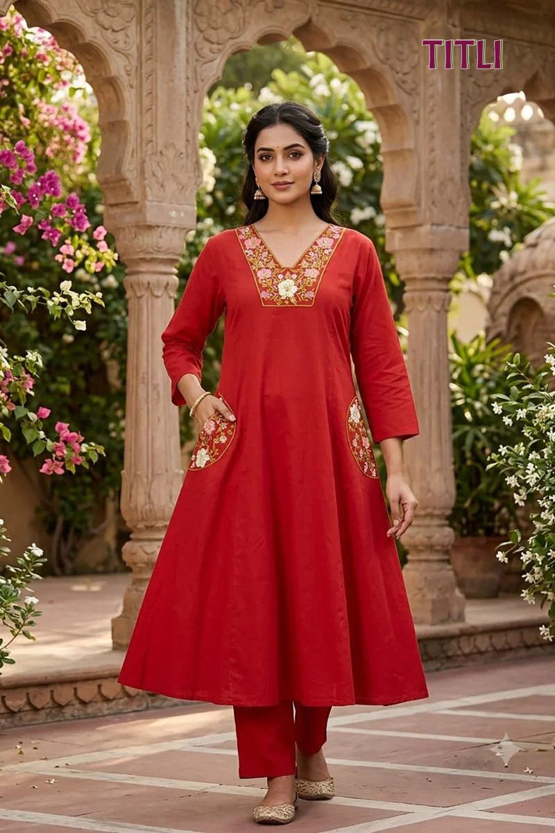 Titli 1 Dhabu Cotton Embroidered Kurti Pant Set