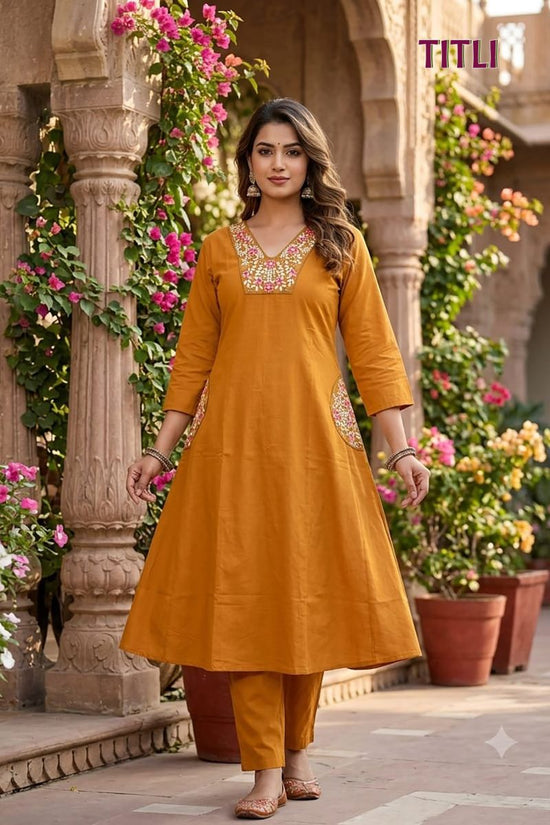 Titli 1 Dhabu Cotton Embroidered Kurti Pant Set