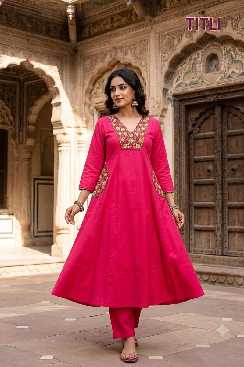Titli 1 Dhabu Cotton Embroidered Kurti Pant Set