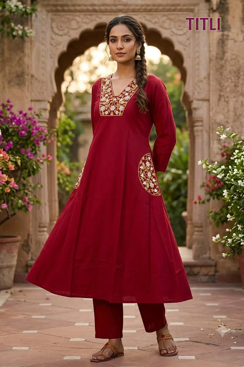 Titli 1 Dhabu Cotton Embroidered Kurti Pant Set