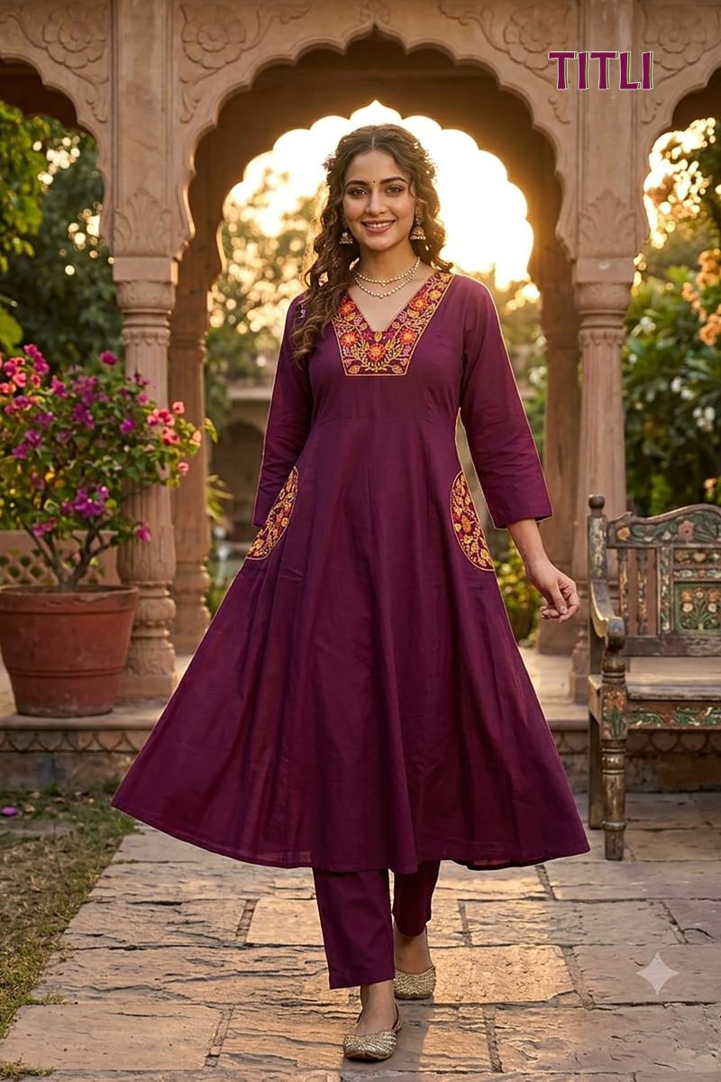 Titli 1 Dhabu Cotton Embroidered Kurti Pant Set