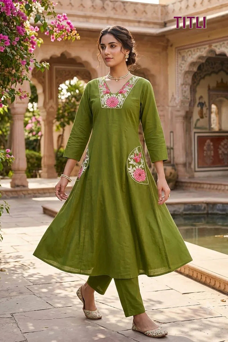 Titli 1 Dhabu Cotton Embroidered Kurti Pant Set