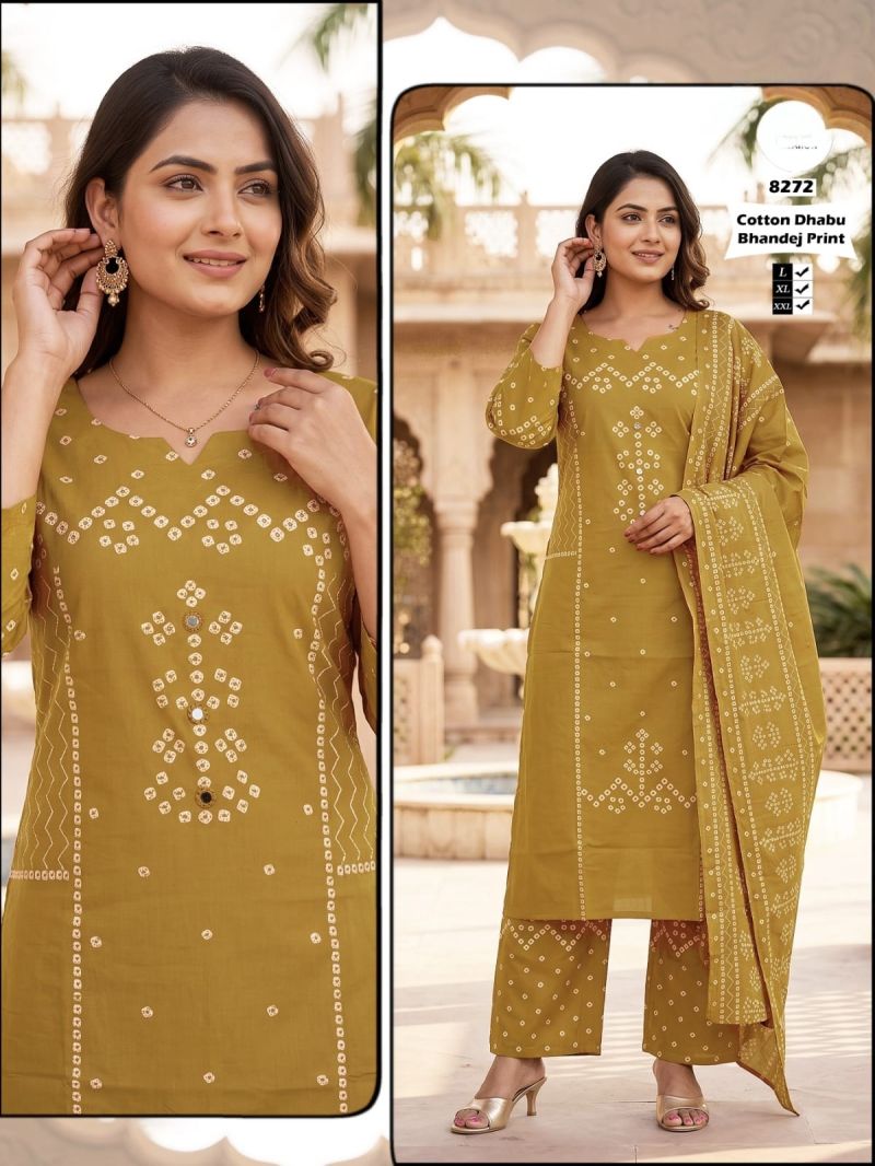 Tlc Vol 123 Dhabu Cotton Bandhani Printed Kurti Pant Dupatta Set
