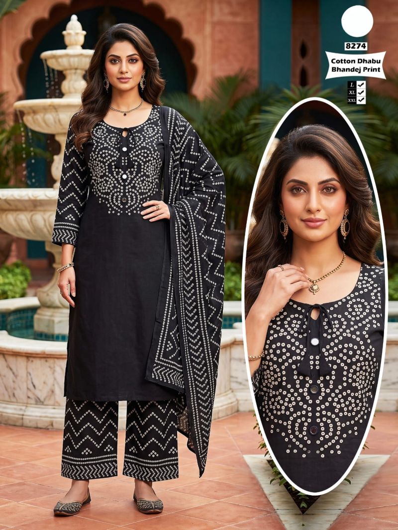 Tlc Vol 123 Dhabu Cotton Bandhani Printed Kurti Pant Dupatta Set