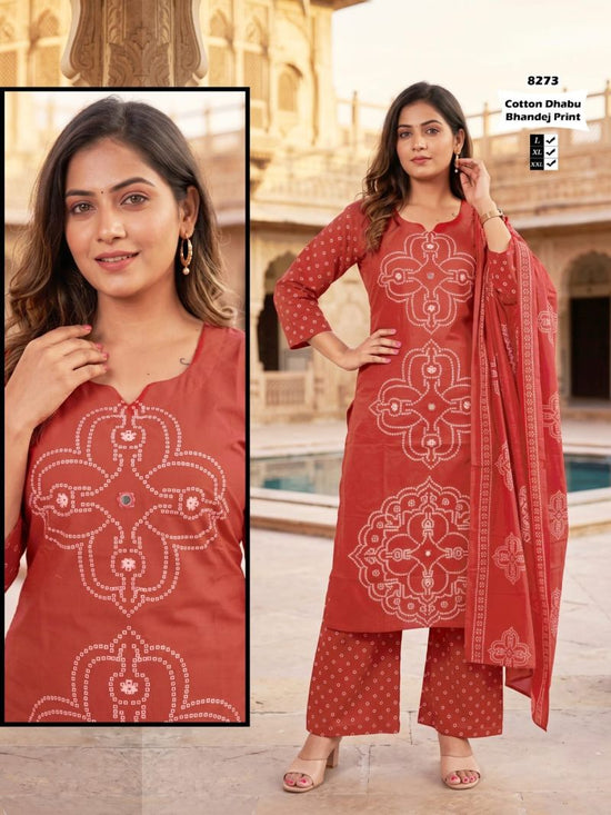 Tlc Vol 123 Dhabu Cotton Bandhani Printed Kurti Pant Dupatta Set