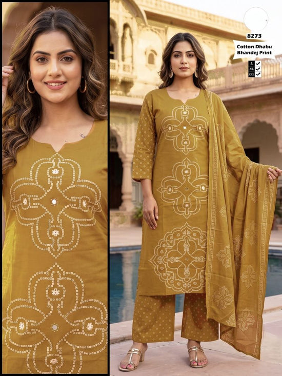 Tlc Vol 123 Dhabu Cotton Bandhani Printed Kurti Pant Dupatta Set