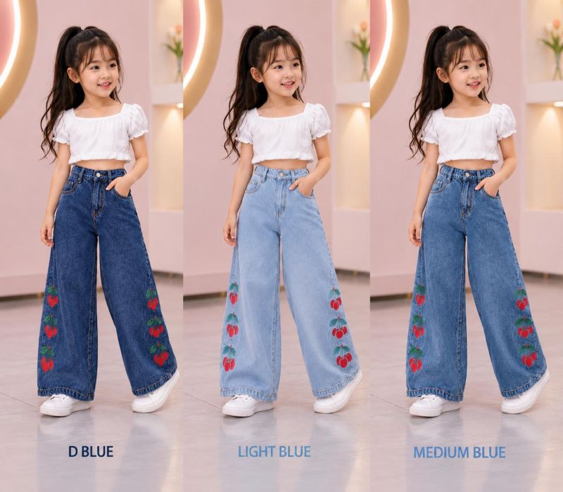 TLC Vol 26 Denim Cherry Embroidered Wide Leg Girls Jeans
