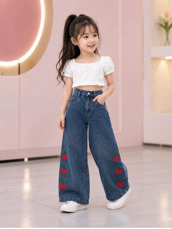 TLC Vol 26 Denim Cherry Embroidered Wide Leg Girls Jeans